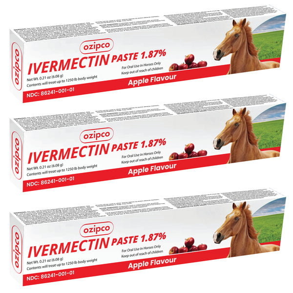 Ivermectin Horse Paste 1.87% | Apple Flavor – 6.08g Syringe for Equine Use Only Up to 1250 LB -(Pack Of 3)