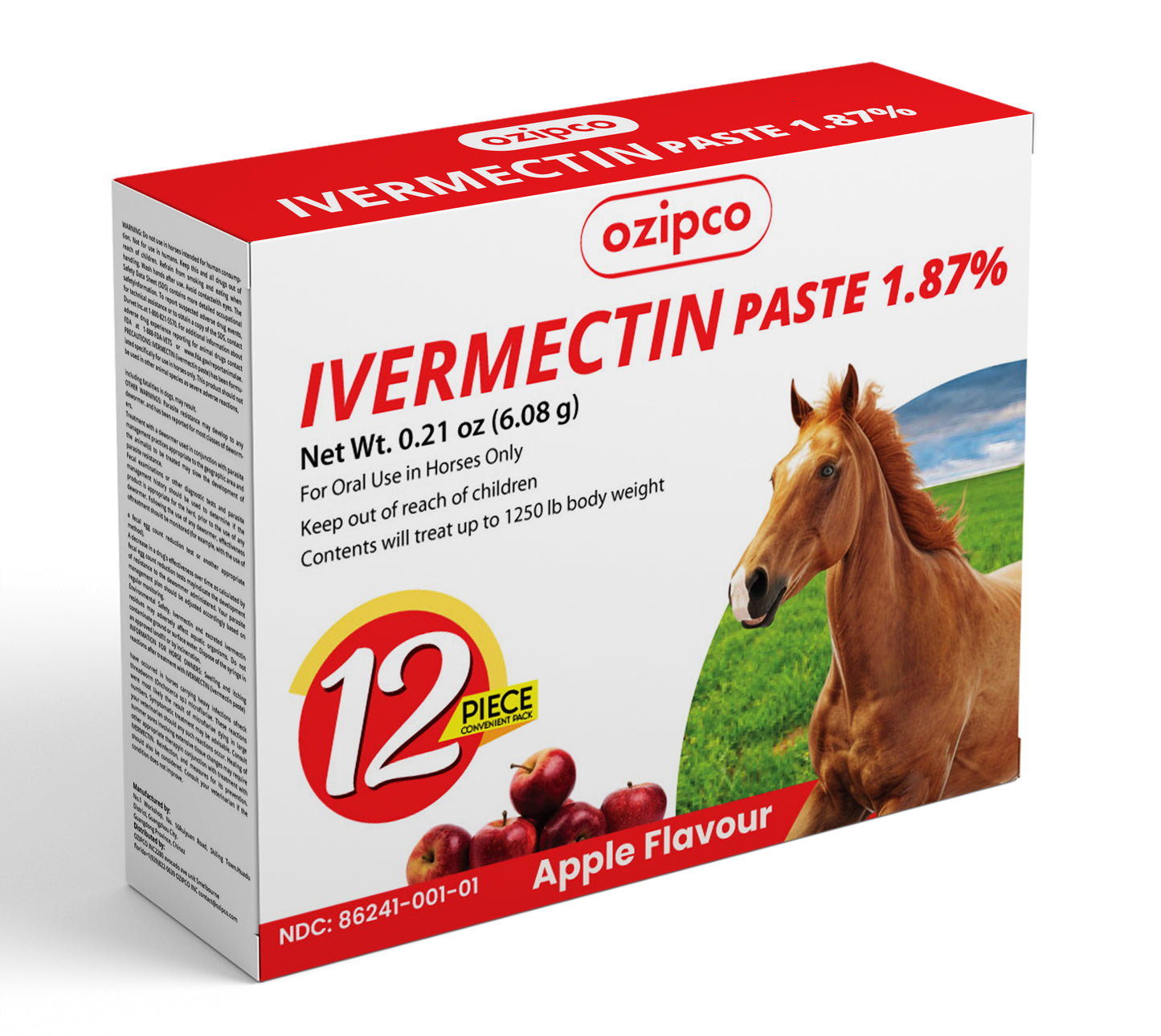 Ivermectin Horse Paste 1.87% | Apple Flavor – 6.08g Syringe for Equine Use Only Up to 1250 LB -(12-pack)